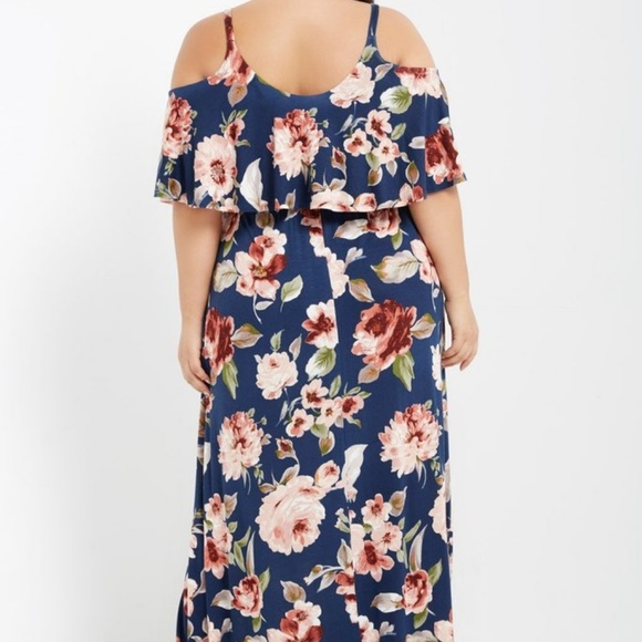 NWT Fall Floral Cold Shoulder Ruffle Maxi Dress - Picture 2 of 3